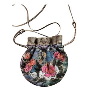 Vintage Jane Yoo Wearable Art  Butterfly and Floral Leather mini Crossbody Bag